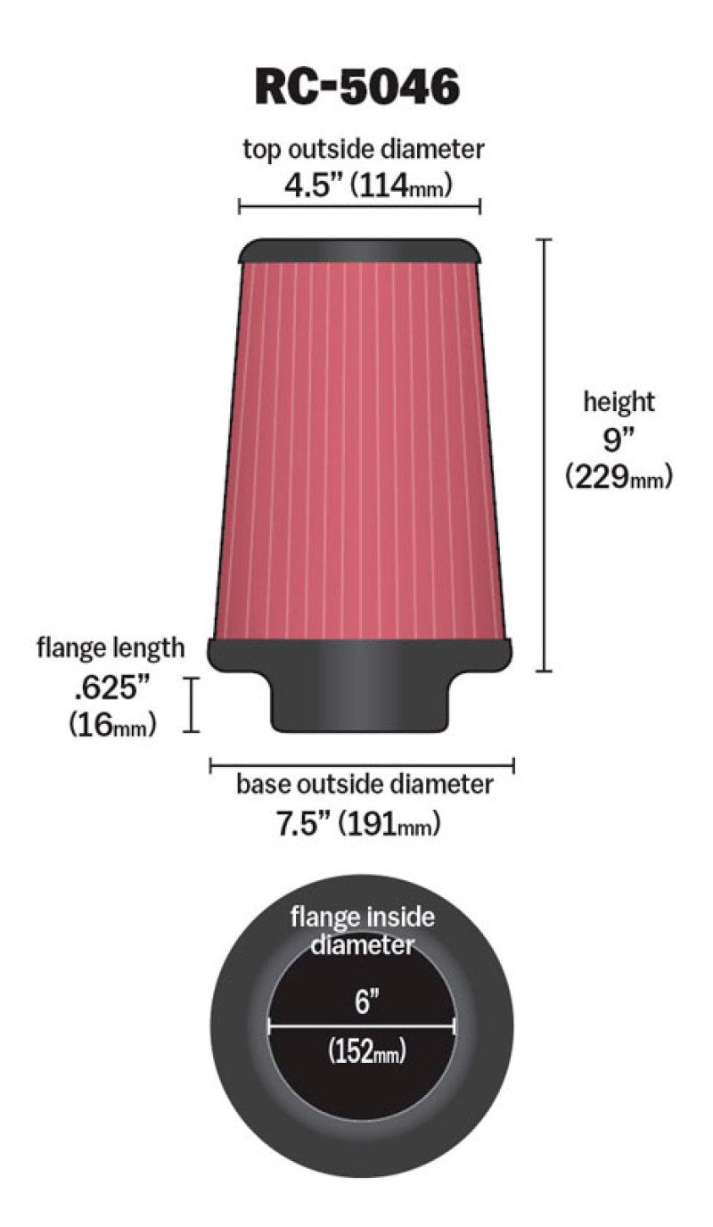 K&N Engineering K&N Universal Chrome Filter 6 inch FLG / 7.5 inch Base / 4.5 inch Top / 9 inch Height