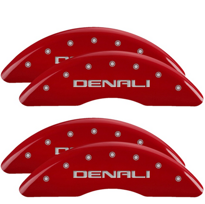 MGP 4 Caliper Covers Engraved Front & Rear Red Finish Silver Characters for 20-22 GMC Sierra 2500HD