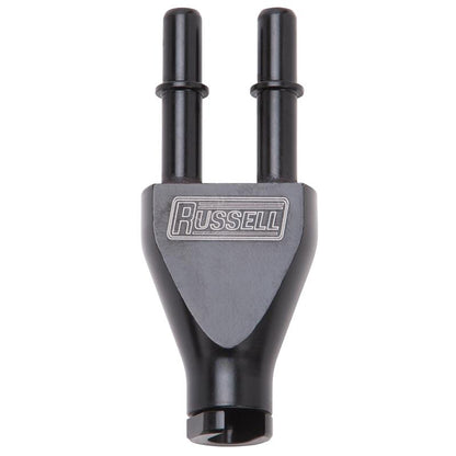 Russell Adapter Y-Block 3/8in Sae Quick Disconnect Female To 2X 3/8in Sae Qd Male Blk Anodized