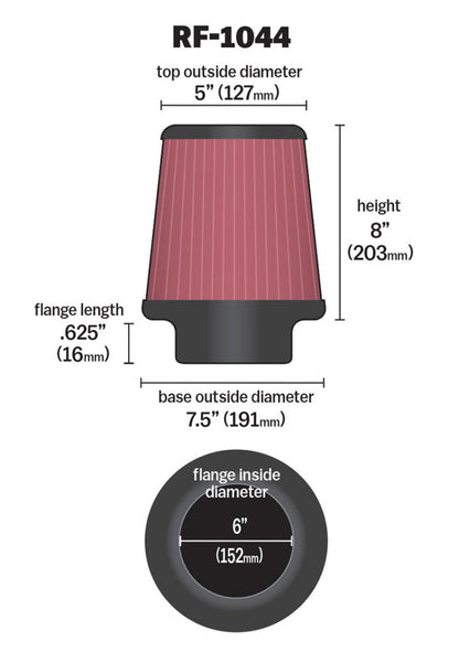 K&N Engineering K&N Round Tapered Universal Air Filter 6 inch Flange 7.5 inch Base 5 inch Top 8 inch Height