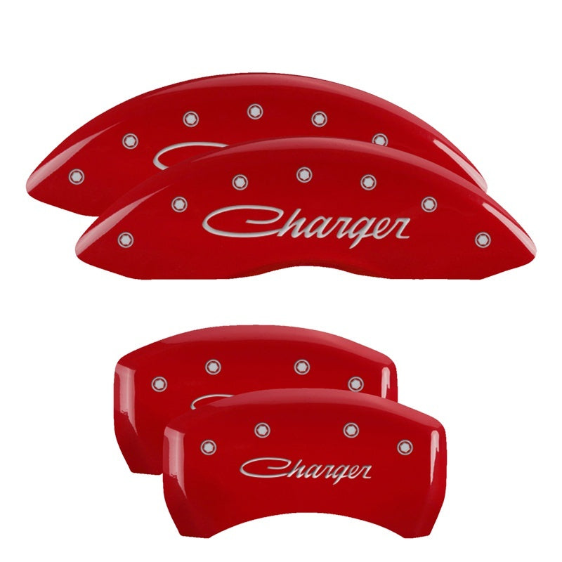 MGP 4 Caliper Covers Engraved Front & Rear Cursive/Charger Red finish silver ch