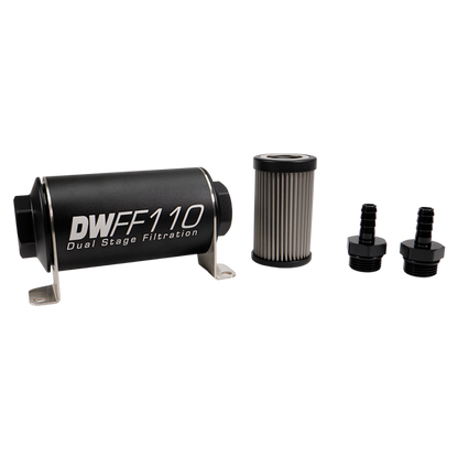 DeatschWerks Stainless Steel 3/8in 10 Micron Universal Inline Fuel Filter Housing Kit (110mm)