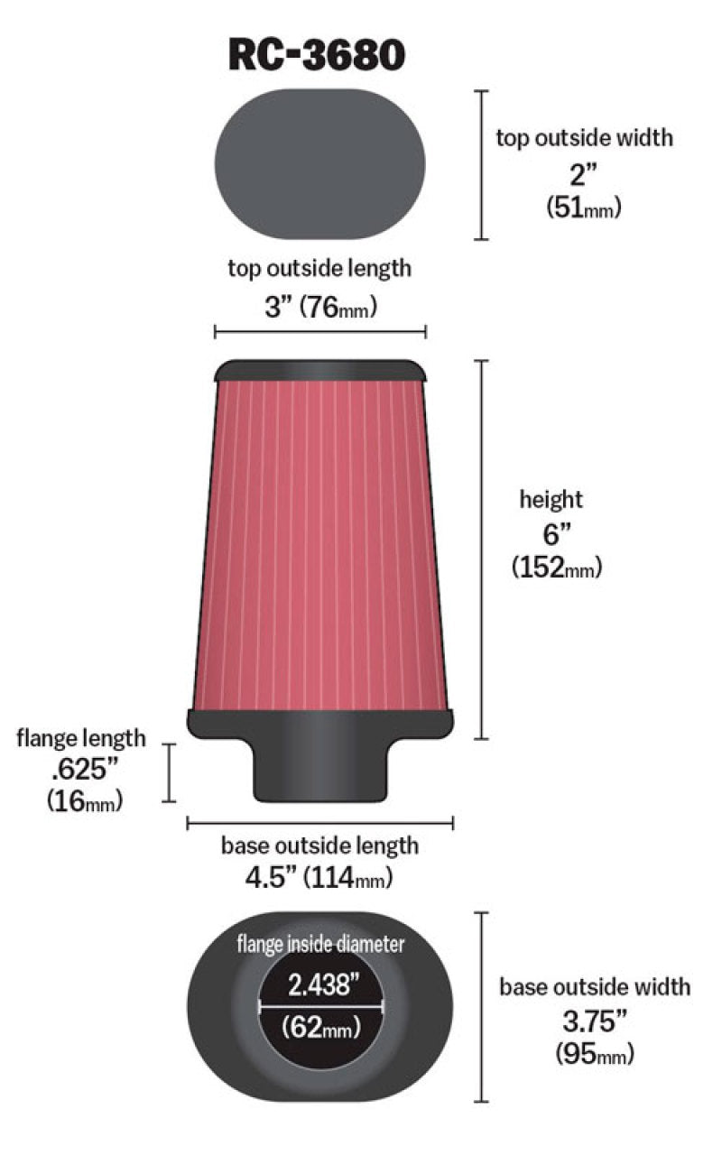 K&N Engineering K&N Universal Clamp-On Air Filter 2-7/16in Flange 4-1/2x3-3/4in Base 3x2in Top 6in Height