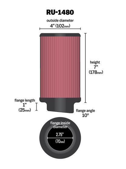 K&N Engineering K&N Filter Universal Rubber Filter 10 Degree Flange Angle 4in OD x 2.75in Flange ID x 7in H