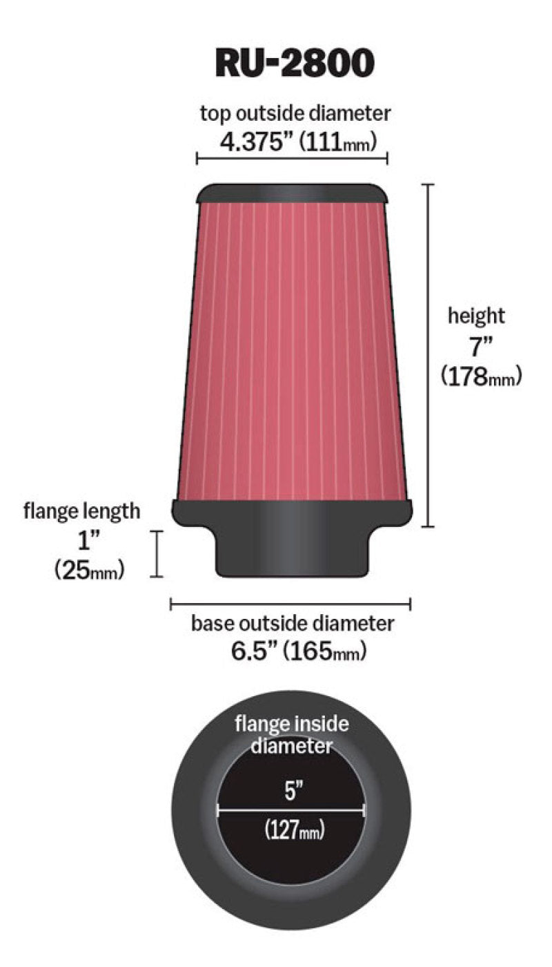 K&N Engineering K&N Filter Universal Rubber Filter 5 inch Flange 6 1/2 inch Base 4 3/8 inch Top 7 inch Height