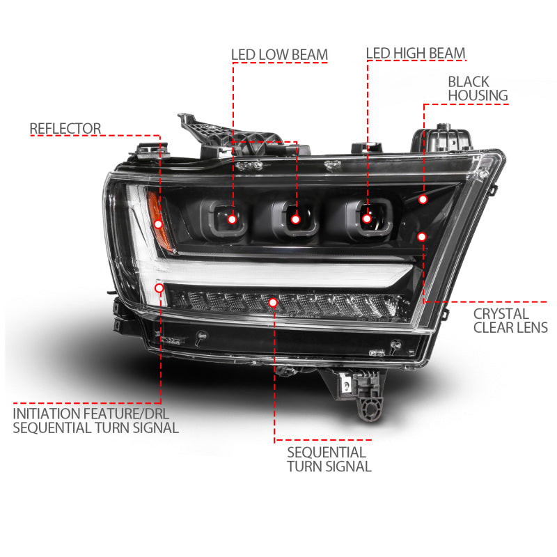 ANZO 19-24 RAM 1500 (New Body/OE Halogen) Full LED Proj Headlights DRL/SeqSig Black - Pass. Side