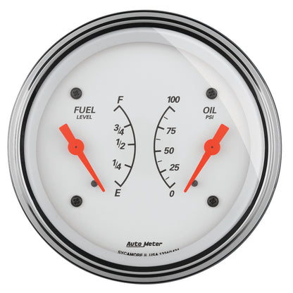 AutoMeter Gauge Dual Fuel & Oilp 3-3/8in. 0 Ohm(e) to 90 Ohm(f)& 100PSI Elec Arctic White