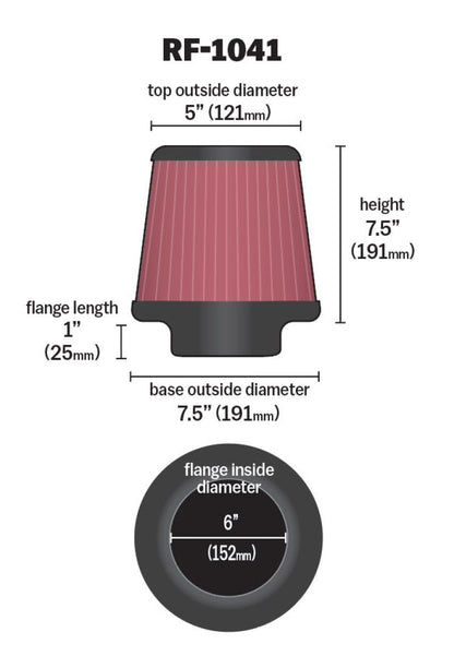 K&N Engineering K&N Round Tapered Universal Air Filter 6 inch Flange 7 1/2 inch Base 5 inch Top 7 1/2 inch Height