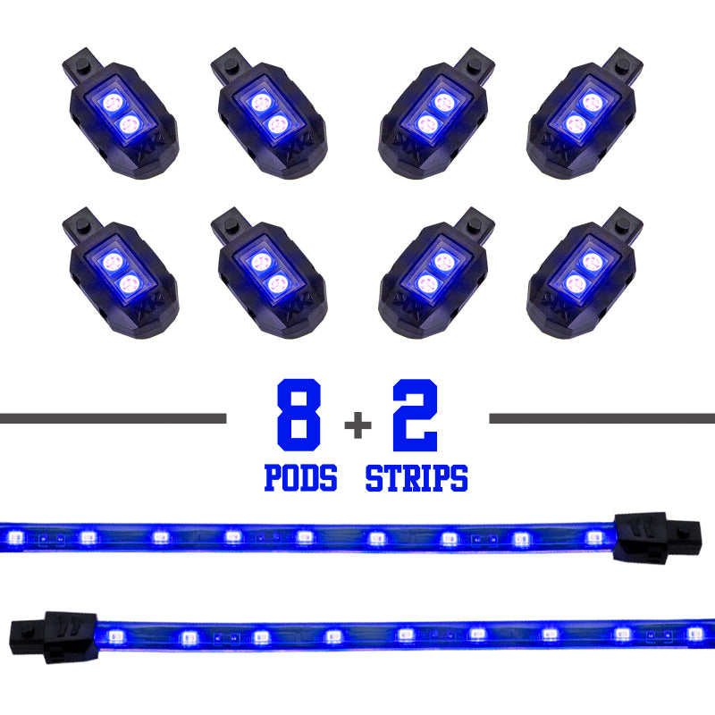 XKGLOW XK Glow Single Color XKGLOW LED Accent Light Motorcycle Kit Blue - 8xPod + 2x8InStrips