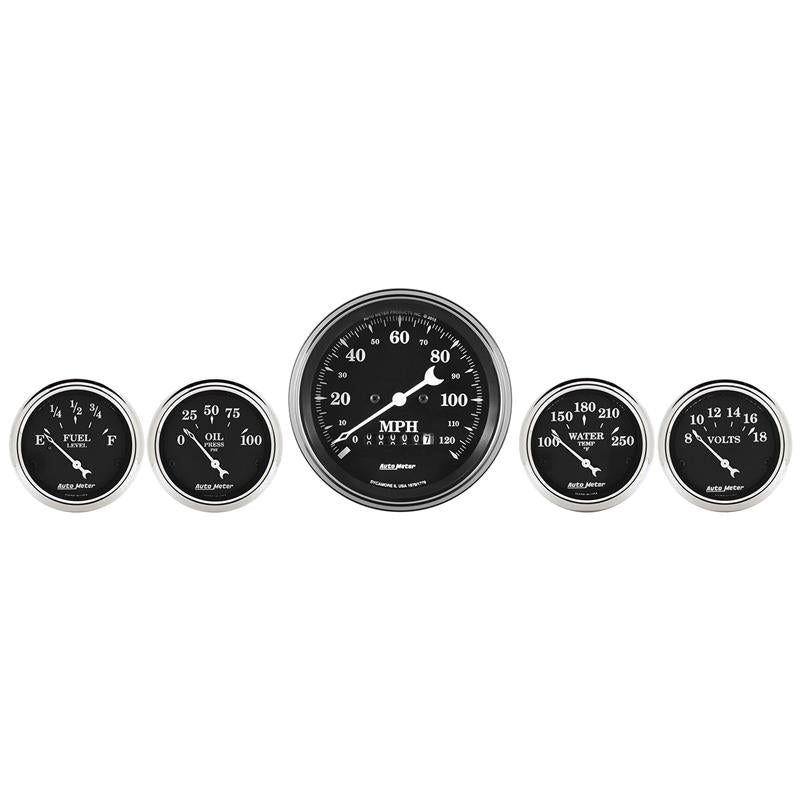 AutoMeter Auto Meter Gauge Kit 5 pc. 3 3/8in & 2 1/16in Elec. Speedometer Old Tyme Black