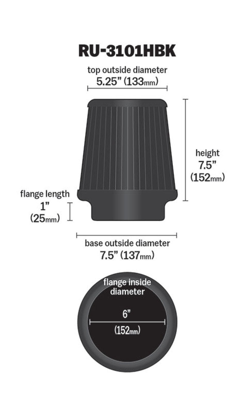 K&N Engineering K&N Universal Rubber Filter Round Tapered 6in Flange ID x 7.5in Base OD x 5.25in Top OD x 8in Height