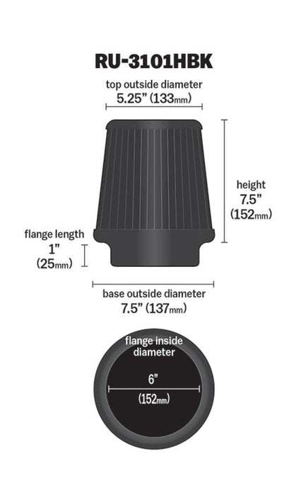 K&N Engineering K&N Universal Rubber Filter Round Tapered 6in Flange ID x 7.5in Base OD x 5.25in Top OD x 8in Height