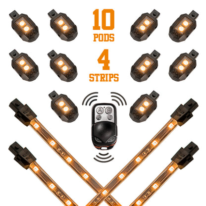 XKGLOW XK Glow Strips Single Color XKGLOW LED Accent Light Motorcycle Kit Amber - 10xPod + 4x8In