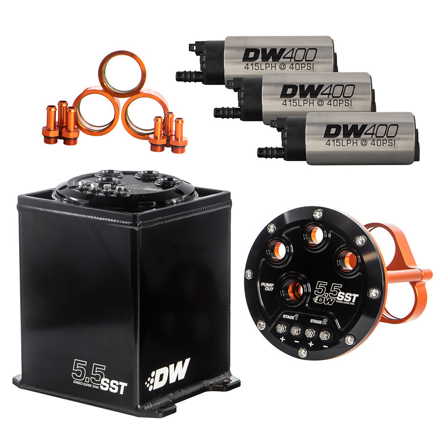 DEATSCHWERKS 6-401-55ST 5.5L STAGED SURGE TANK, UNIVERSAL. INCLUDES 3 DW400 FUEL PUMPS.
