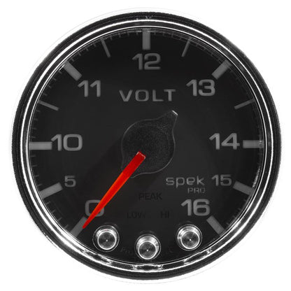 Autometer Spek-Pro Gauge Voltmeter 2 1/16in 16V Stepper Motor W/Peak & Warn Blk/Chrm