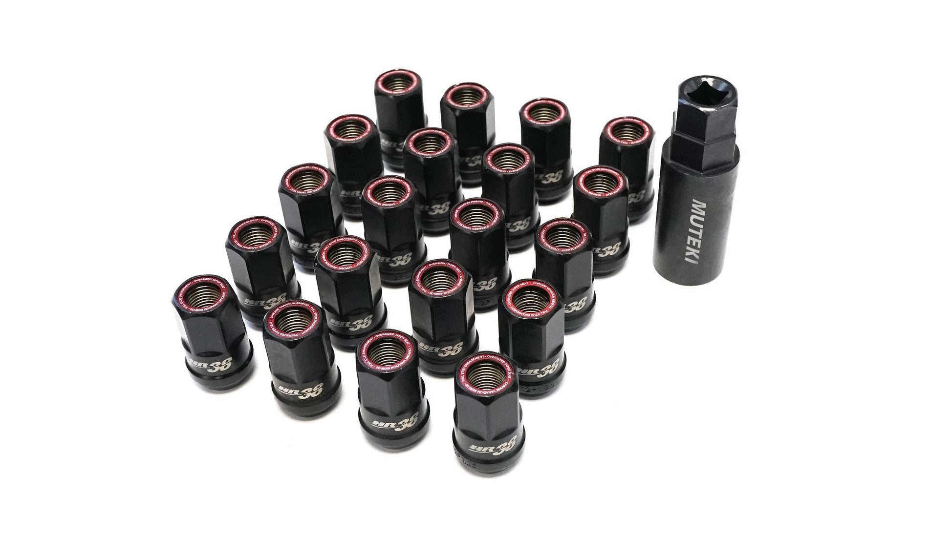 MUTEKI HR3805BR LUG NUTS KIT HR38 12X1.25 38MM BLACK CHROME/RED RING (OPEN END)