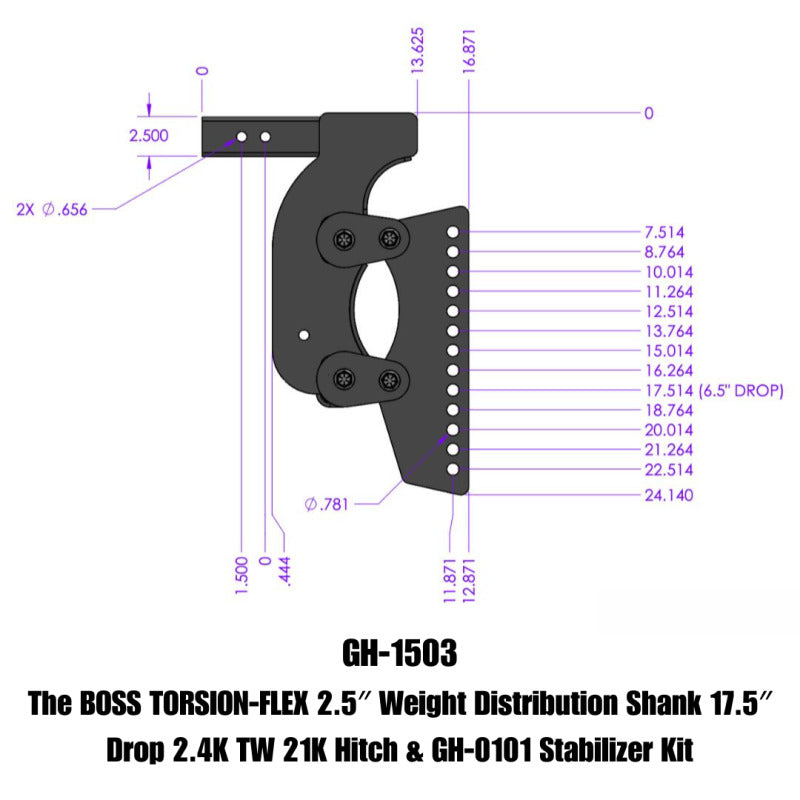 GEN-Y Hitch Gen-Y The Boss Torsion-Flex 2.5in Weight Distribution Shank 17.5in Drop 21K Hitch w/Stabilizer Kit