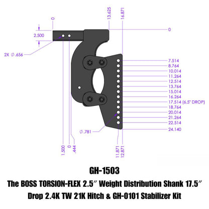 GEN-Y Hitch Gen-Y The Boss Torsion-Flex 2.5in Weight Distribution Shank 17.5in Drop 21K Hitch w/Stabilizer Kit