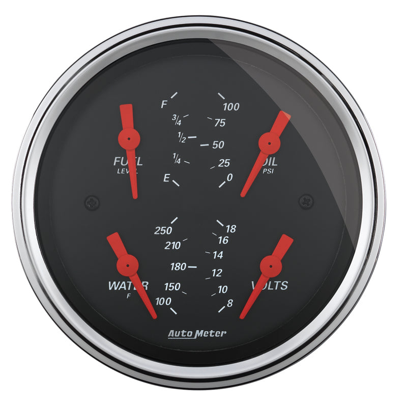 Autometer Designer Black 3.375in Quad Gauge - Fuel Level / Oil Pressure / Water Temp. / Voltmeter