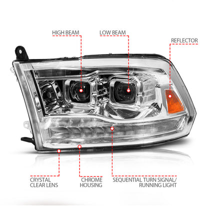 ANZO 09-19 Dodge RAM 1500 / 10-18 2500/3500 LED Proj Headlights SeqSig Chrome - Pair