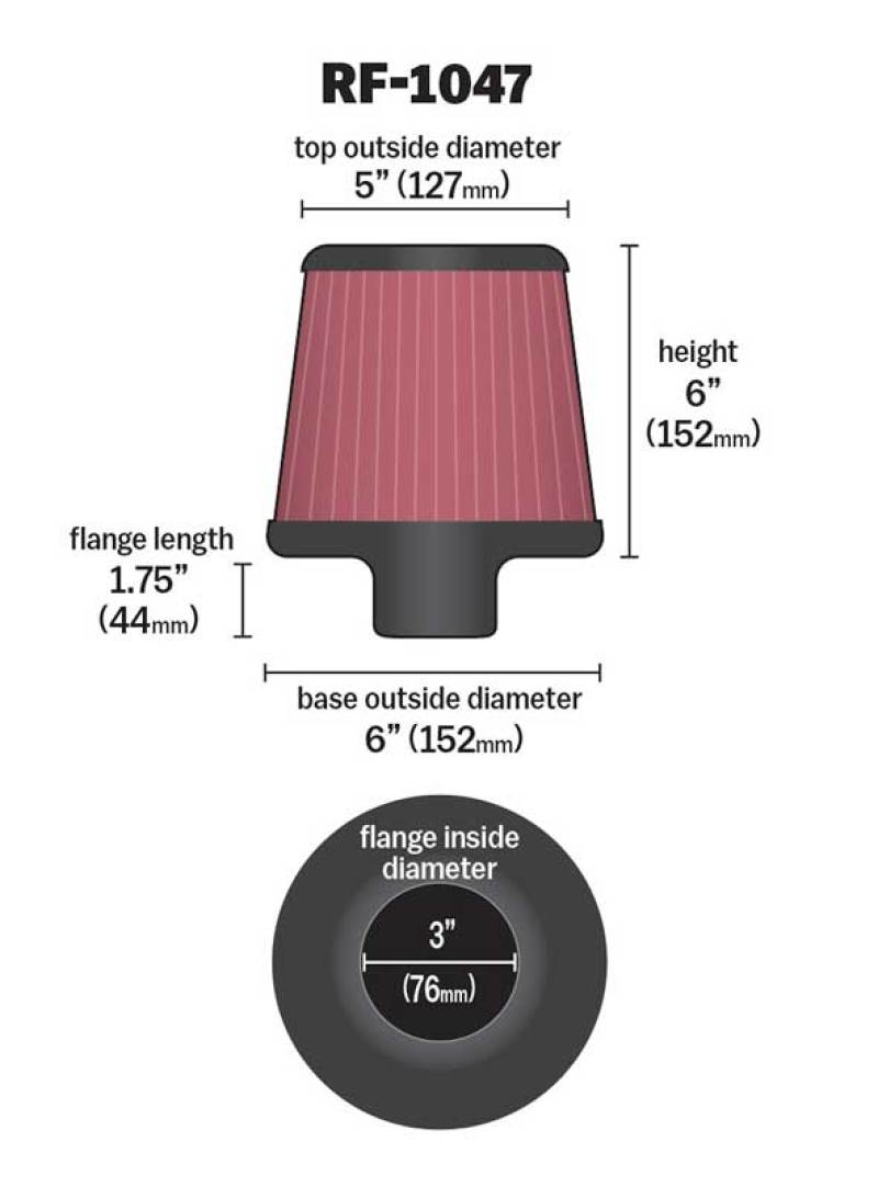 K&N Engineering K&N Round Tapered Universal Air Filter 3 inch Flange 6 inch Base 5 inch Top 6 inch Height