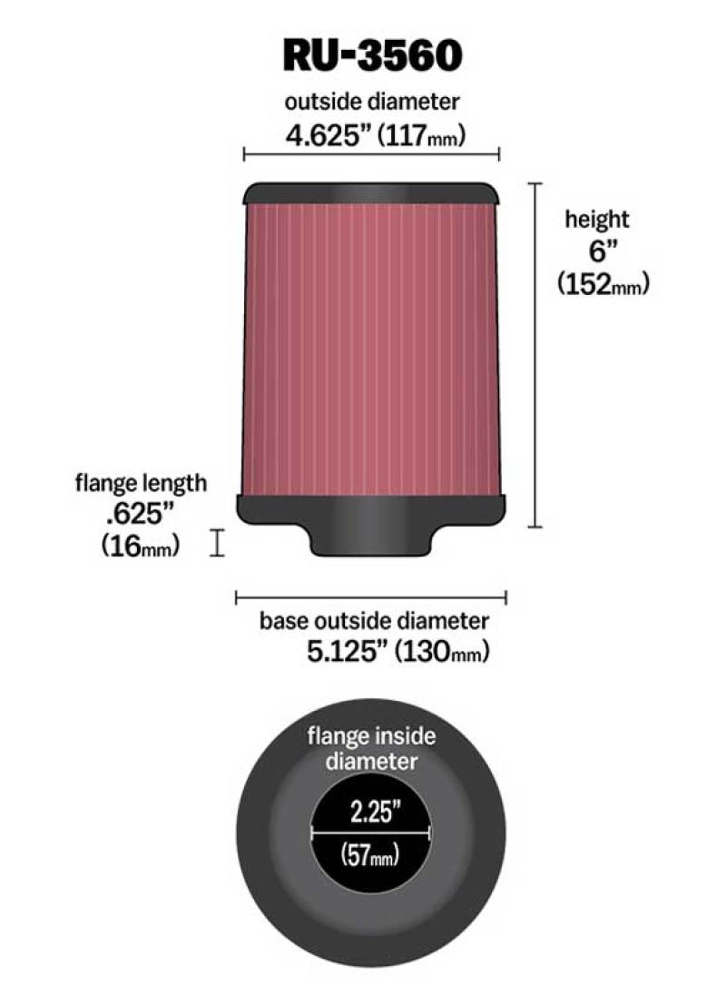 K&N Engineering K&N Universal Rubber Filter 2-1/4in FLG x 5-1/8in Base x 4-5/8in Top x 6in Height