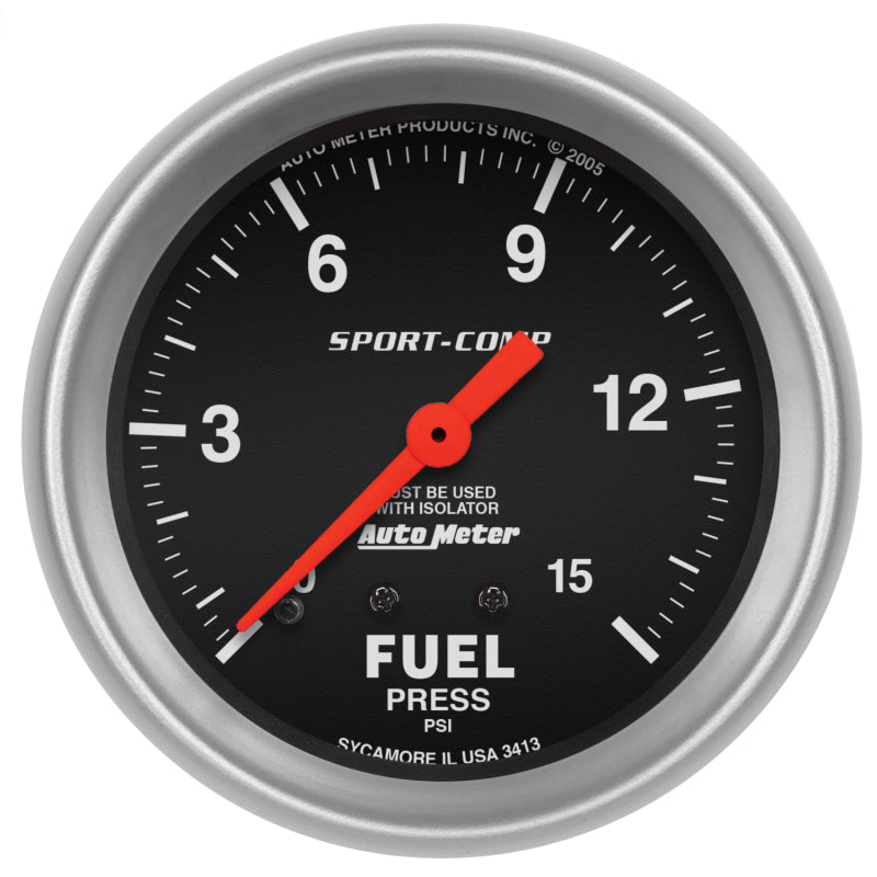 AutoMeter Gauge Fuel Pressure 2-5/8in. 15PSI Mechanical W/Isolator Sport-Comp