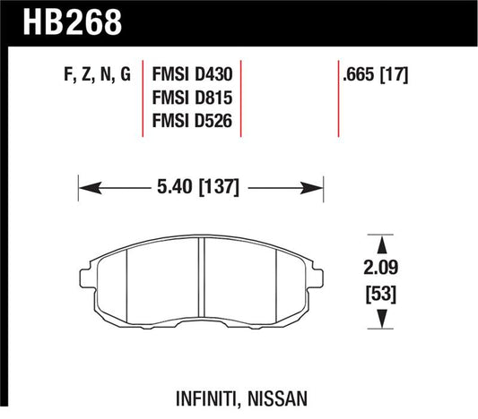 Hawk Performance Hawk 03-04 G35/03-05 G35X/ 02-05 350z w/o Brembo HP+ Street Front Brake Pads