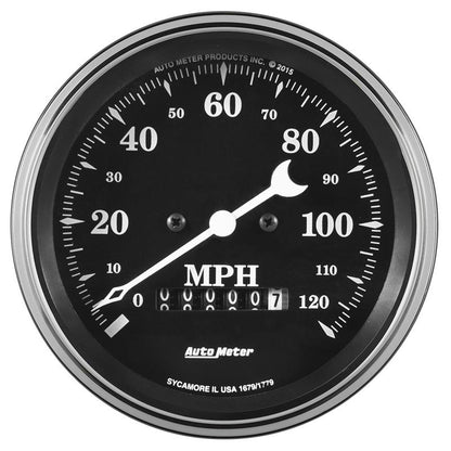 AutoMeter Auto Meter Gauge Speedo. 3 3/8in 120mph Elec. Prog. w/ Wheel Odo Old Tyme Black