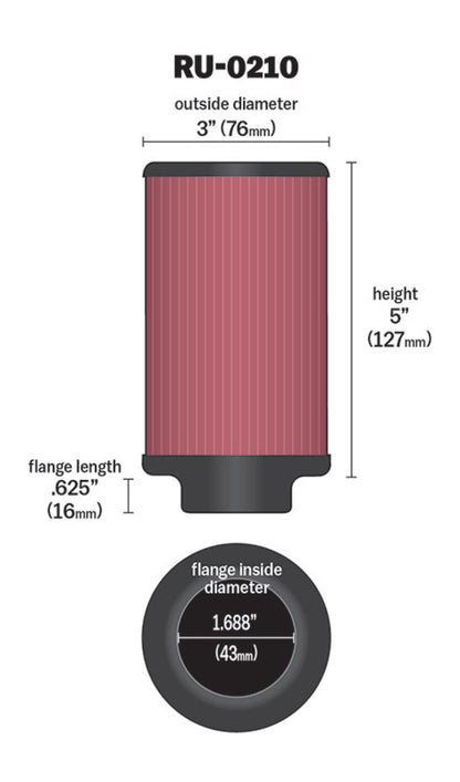 K&N Engineering K&N Filter Universal Rubber Filter 1-11/16in FLG / 3in OD / 5in Height