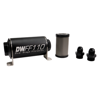 DeatschWerks Stainless Steel 8AN 100 Micron Universal Inline Fuel Filter Housing Kit (110mm)