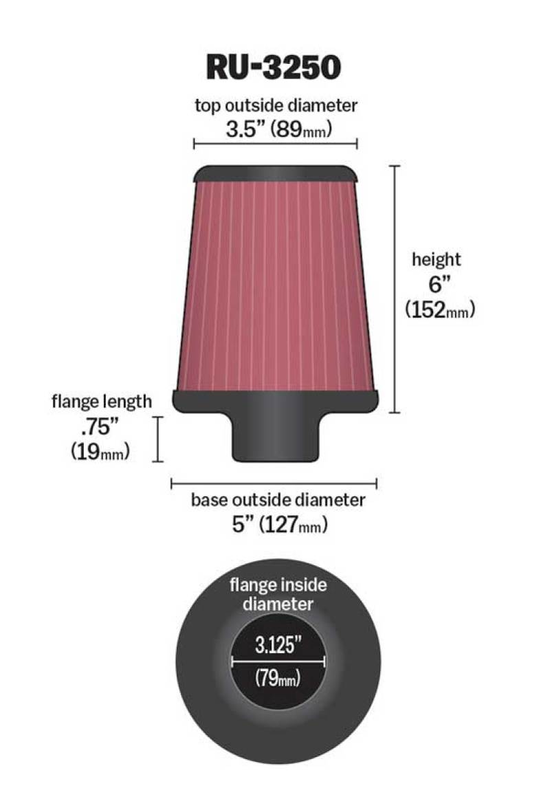 K&N Engineering K&N Universal Tapered Filter 3.125in Flange ID x 5in Base OD x 3.5in Top OD x 6in Height