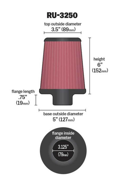 K&N Engineering K&N Universal Tapered Filter 3.125in Flange ID x 5in Base OD x 3.5in Top OD x 6in Height