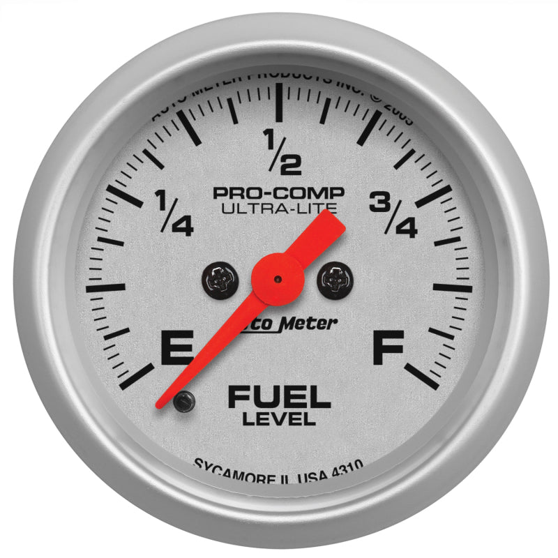 Autometer Ultra-Lite 52mm 0-280 ohm Adj Full Sweep Electronic Fuel Level Programmable Empty-Full Ga