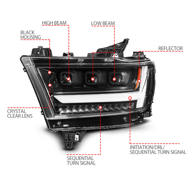 ANZO 19-24 RAM 1500 (New Body/OE Halogen) Full LED Proj Headlights DRL/SeqSig Black - Pass. Side