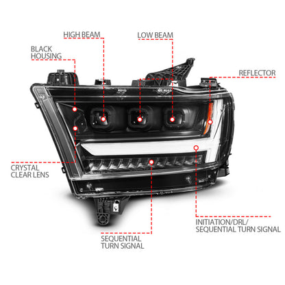 ANZO 19-24 RAM 1500 (New Body/OE Halogen) Full LED Proj Headlights DRL/SeqSig Black - Pass. Side