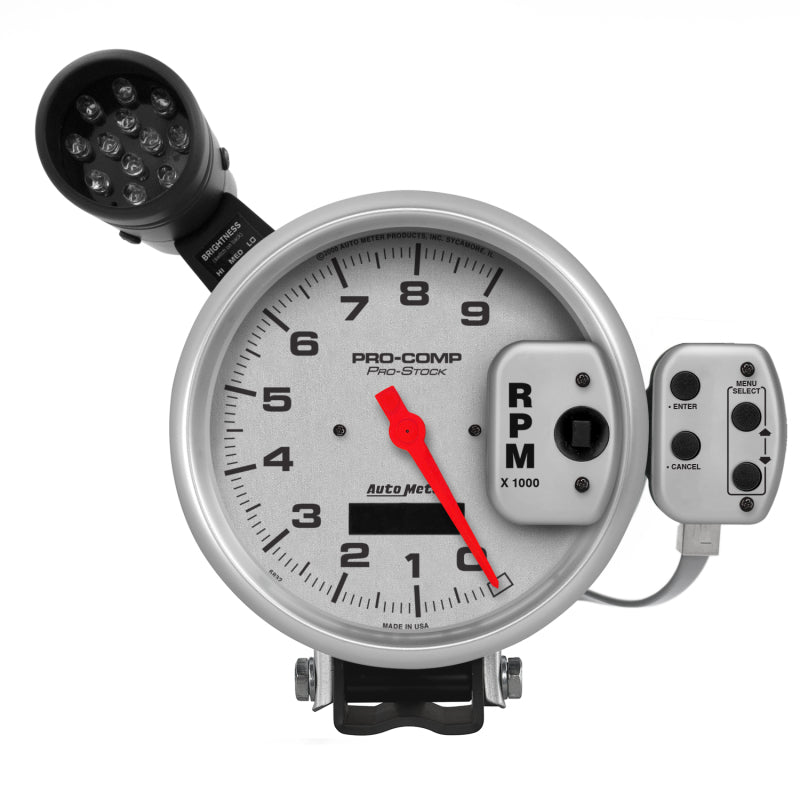 Autometer Ultra-Lite 127mm Tachometer 0-9000 RPM Pro-Stock Pedestal w/ Super Lite and Peak Mem