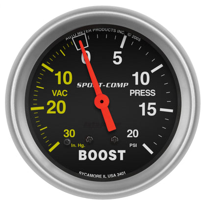 Autometer Sport-Comp 2-5/8in 30 IN HG/20 PSI Mechanical Boost/Vacuum Gauge