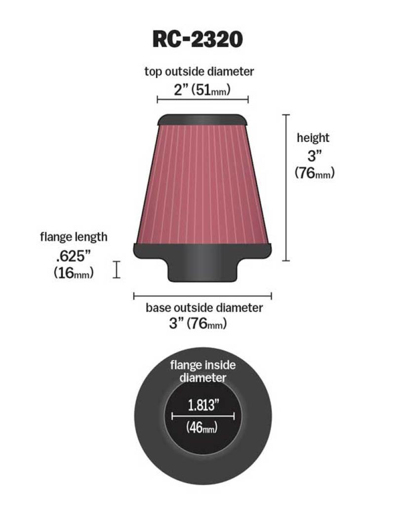K&N Engineering K&N Universal Air Filter 1-13/16in FLG / 3in Bottom / 2in Top / 3in Height