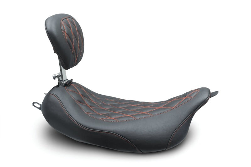 Mustang Motorcycle Mustang 08-21 Harley Wide Tripper FL Touring Pass Seat w/ Dr Backrest, Red Diamond Stitch - Black