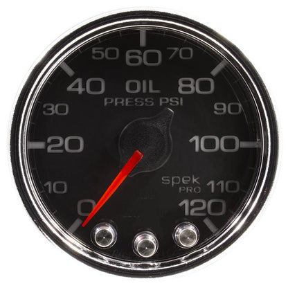 Autometer Spek-Pro Gauge Oil Press 2 1/16in 120psi Stepper Motor W/Peak & Warn Blk/Chrm