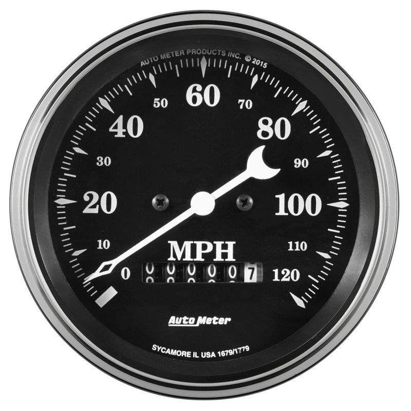 AutoMeter Auto Meter Gauge Speedo. 3 3/8in 120mph Elec. Prog. w/ Wheel Odo Old Tyme Black
