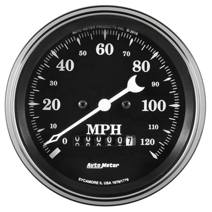 AutoMeter Auto Meter Gauge Speedo. 3 3/8in 120mph Elec. Prog. w/ Wheel Odo Old Tyme Black