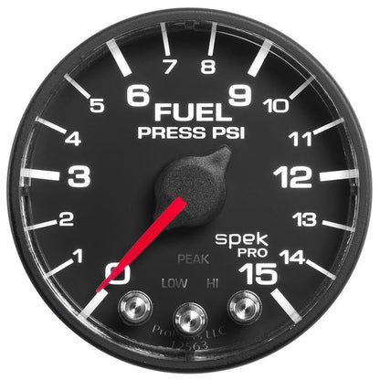 Autometer Spek-Pro Gauge Fuel Press 2 1/16in 15psi Stepper Motor W/Peak & Warn Blk/Blk