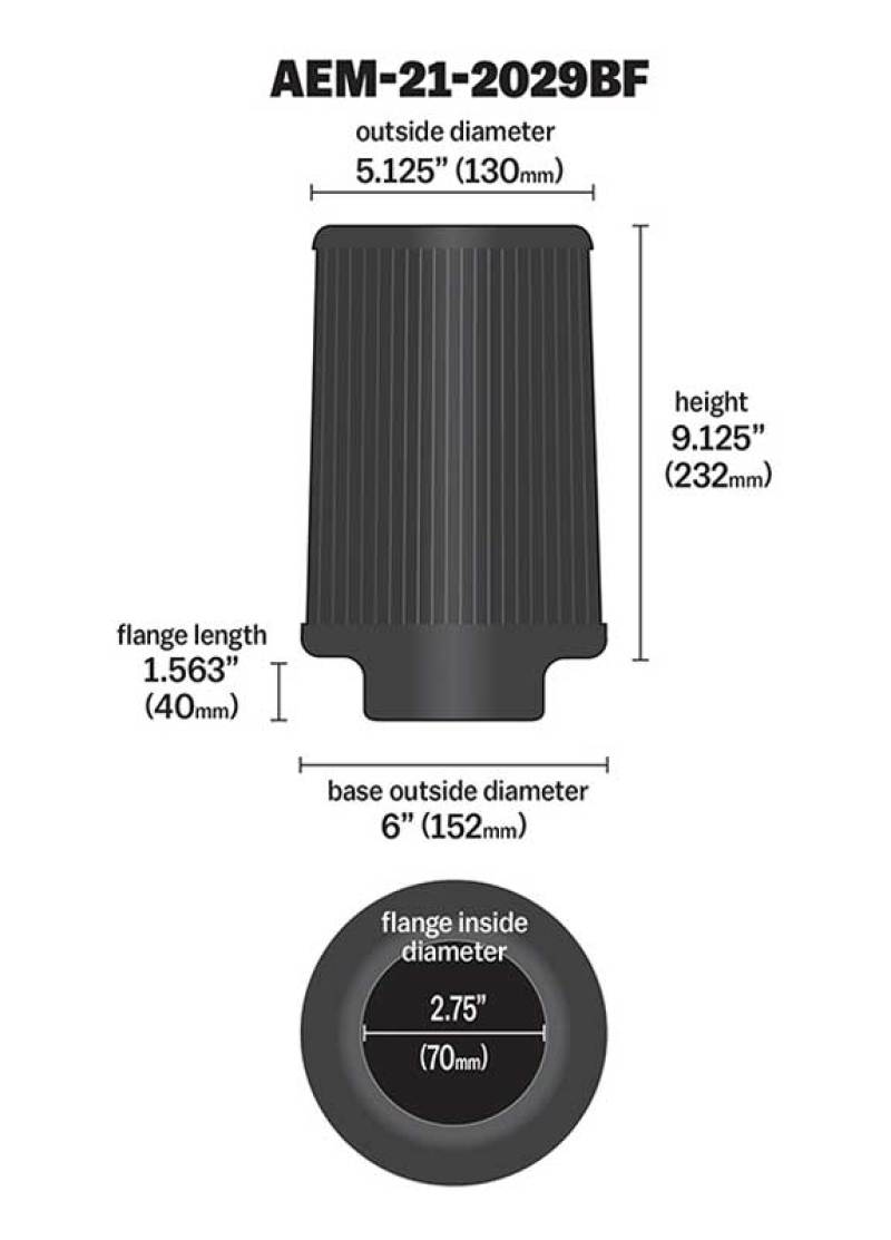 AEM Induction AEM Dryflow Conical Air Filter 2.75in Flange ID / 6in Base OD / 5.125in Top OD / 9.125in Height