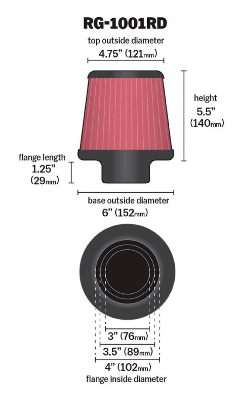 K&N Engineering K&N Universal Air Filter Chrome Round Tapered Red - 4in Flange ID x 1.125in Flange Length x 5.5in H