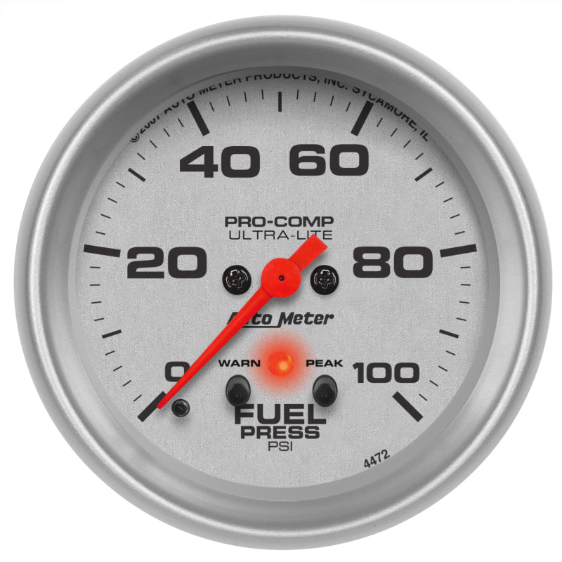 Autometer Ultra-Lite 2-5/8in Full Sweep Elec 0-100 PSI Fuel Pressure w/ Peak Memory & Warning Gauge