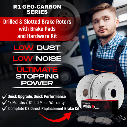 R1 Concepts R1 12-16 Hyundai Elantra GT Front Drill/Slot Carbon Coated Rotor Set w/Optimum Pads