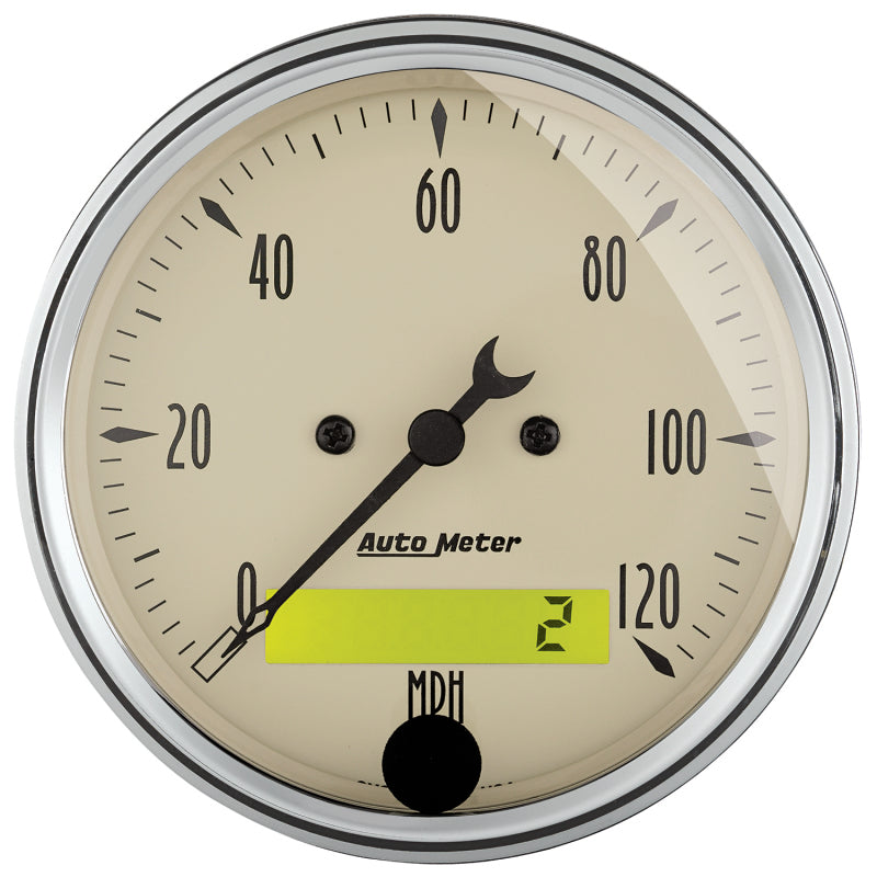 AutoMeter Gauge Speedo. 3-1/8in. 120MPH Elec. Prog. W/ Lcd Odo Antique Beige