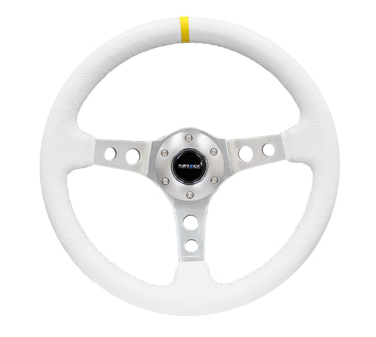 NRG Reinforced Steering Wheel (350mm / 3in. Deep) White Leather w/Silver Spoke & Single Yellow Mark